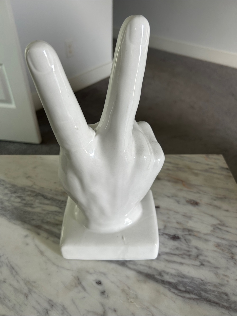 White Ceramic Peace Sign Hand Sculpture - Decorative Home Art